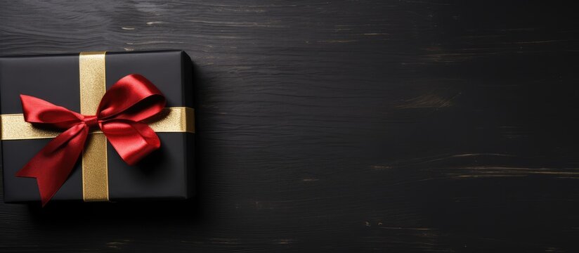 Gift box seen from above on black wooden background