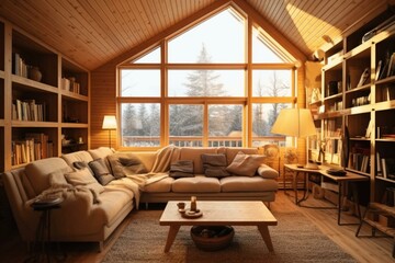 Fototapeta na wymiar Cozy wooden interior, bright and spacious. Generative AI