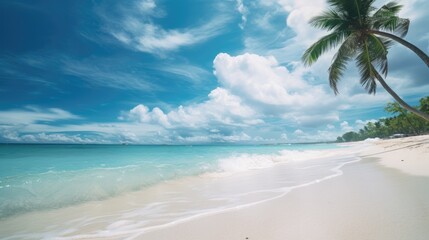 Fototapeta na wymiar A Slice of Paradise Sandy Beach, Cloudy Sky, Palm Trees, and Ocean Waves