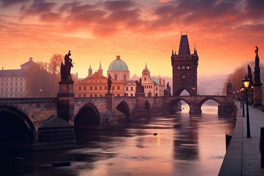 Sunrise view of illuminated Charles Bridge and Old Town Bridge Tower in Prague. Generative AI