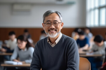 Obraz premium Asian University professor lectures to classroom full of multi-ethnic students.