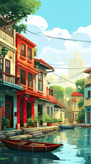 Old Asian city street in cartoon style. Chinatown cartoon landscape. Vietnam town buildings illustration. China city street. Asian houses. Generated by artificial intelligence