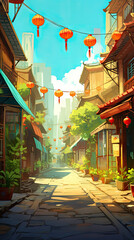 Old Asian city street with red lantern in cartoon style. Chinatown cartoon landscape. Vietnam town buildings illustration. China city street. Generated by artificial intelligence