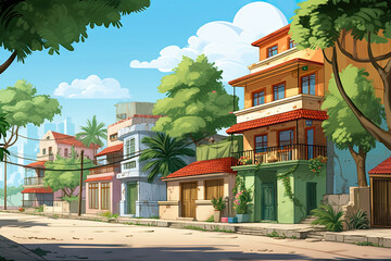 Old Asian city street in cartoon style. Chinatown cartoon landscape. Vietnam town buildings illustration. China city street. Asian houses and road. Generated by artificial intelligence