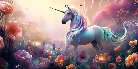 The Enchanting Journey of a Pink Unicorn Above the Blooming Paradis n the Land of the Pink Unicorn: A Blooming Paradise Awaits generative ai - obrazy, fototapety, plakaty