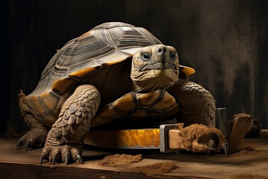 A tortoise holding a handsaw made of wood. Generative AI