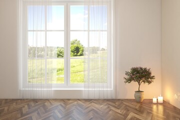 White empty room with summer landscape in window. Scandinavian interior design. 3D illustration