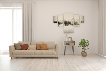 White living room with sofa. Scandinavian interior design. 3D illustration