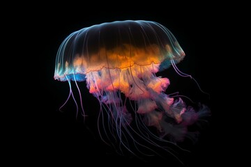 Colorful glowing jellyfish swimming in the ocean, transparent, rainbow, atmospheric, clean black background. Generative AI