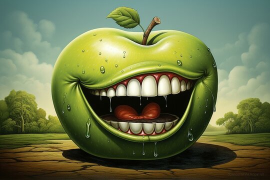 Cartoonish green apple chomping on fruits with prominent teeth. Generative AI