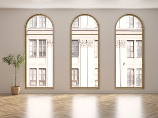 White classic empty interior space with city view. Scandinavian interior design. 3D illustration
