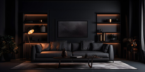Dark living room interior with luxury gray sofa,living room interior ,Dark living room interior with luxury gray sofa