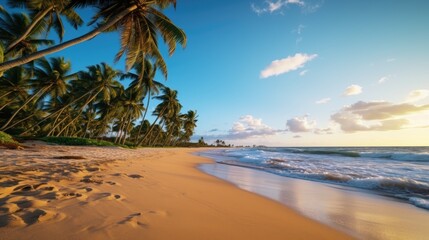 Fototapeta na wymiar Free photo of a nice beach with white sand, clouds, palm tree, and wave