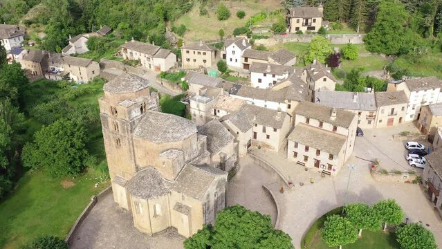Aerial view of Santa Maria Church, Santa Cruz de la Seros, Huesca province, Aragon, Spain.