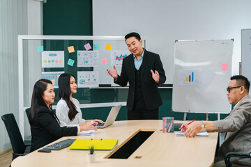 Businesspeople team partner meeting together to brainstorming for new ideas about business marketing project to partner working together planning success strategy enjoy teamwork in modern office