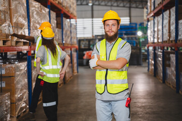Professional male caucasian engineer or manufacturing worker man person in factory portrait, smart industry business manager occupation job with safety helmet for construction work, machinery foreman