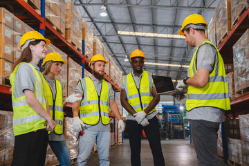 Factory manager, foreman worker checking stock inventory on good shelf in delivery storehouse of logistic storage warehouse, shipping distribution business, package box industry job for retail market