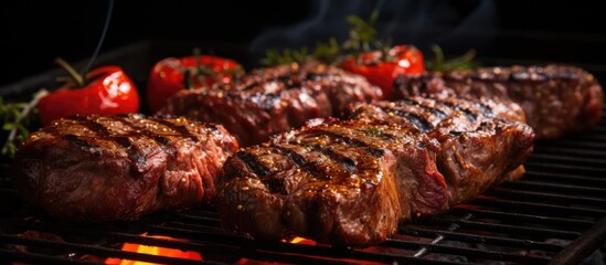 Grilling beef steak on BBQ - obrazy, fototapety, plakaty