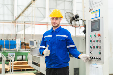 Professional male caucasian engineer or manufacturing worker man person in factory portrait, smart...