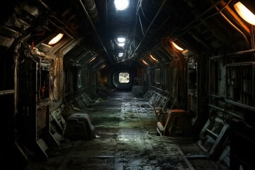 An empty, run-down space station with dim lights and corroded metal, evoking a feeling of isolation and decay. Generative AI - obrazy, fototapety, plakaty