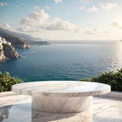 White marble podium with sea view on background