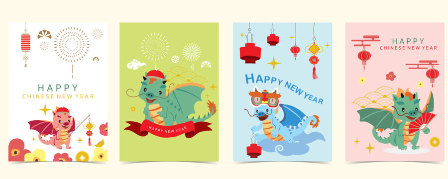 cute Chinese New Year background with lantern,dragon.Editable vector illustration for kid postcard,a4 size