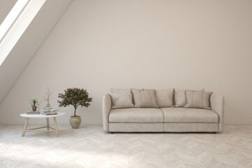 Modern minimalist interior with sofa on empty white color wall background. Interior mockup. Scandinavian interior design. 3D illustration