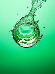 Crystal clear water drip splash abstract form on green background AI