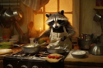 humorous raccoon cook preparing food in kitchen. Generative AI