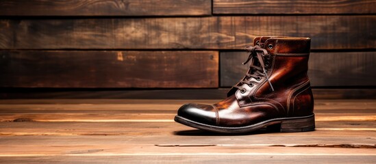 Fashionable mens boots on a wooden floor