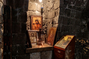 Icons in small altar of the lower hall of the Greek Orthodox Church of the Annunciation in Nazareth...