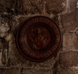 An icon with the image of the Intercession hangs on the wall of the lower hall of the Greek Orthodox Church of the Annunciation in Nazareth old city in northern Israel