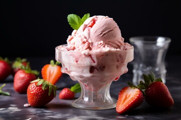 Strawberry ice cream with strawberries. Generative AI