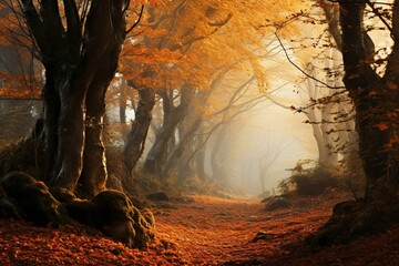 Autumn woodland with orange trees. Generative AI