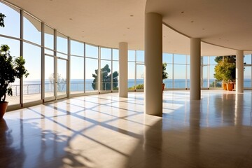An expansive, open, contemporary space formed by a line of angled columns, a partitioning wall, coarse flooring, and a picturesque ocean and sky vista on the left. Generative AI