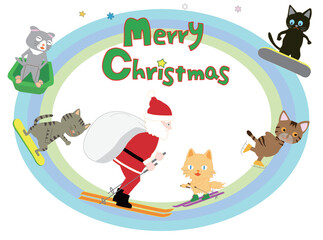 ウィンタースポーツで楽しんでいる猫たちと一緒にクリスマスを祝うサンタクロース。