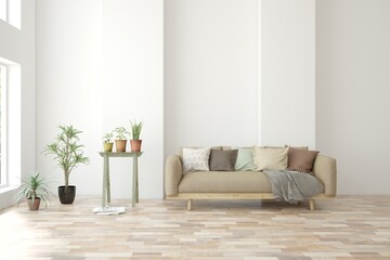 Interior design of modern apartment. Interior mockup. Scandinavian interior design. 3D illustration