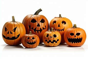 A group of eight spooky Halloween pumpkins with evil faces and eyes, isolated against a white background. Generative AI