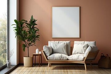 Empty poster wood frame mockup in living room interior with window light shade