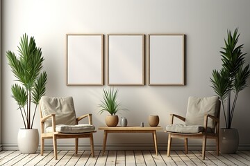 Empty poster wood frame mockup in living room interior with window light shade