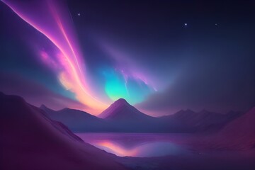 Night Time Surreal Fantasy Landscape in an Alien Planet Space Game Background. Aurora Dancing in the Dark Starry Night Sky with a Tranquil Mountain Landscape in Dark Colorful Universe.