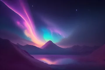 Fotobehang Night Time Surreal Fantasy Landscape in an Alien Planet Space Game Background. Aurora Dancing in the Dark Starry Night Sky with a Tranquil Mountain Landscape in Dark Colorful Universe. © Agnostos