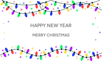 Colorful Christmas frame with light bulb for Happy new year or Christmas holiday greeting card. Vector Illustration.