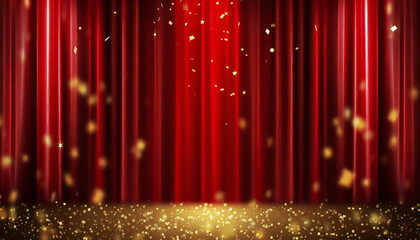 A stage with a red curtain with falling confetti. Drape curtain material. Confetti. - obrazy, fototapety, plakaty