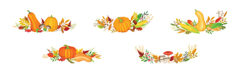 Bright Autumn Foliage with Pumpkin and Foliage Vector Composition Set