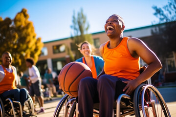 A joyful person of color, a basketball player in a wheelchair, laughs as they dribble the ball, with other basketball players in the background.