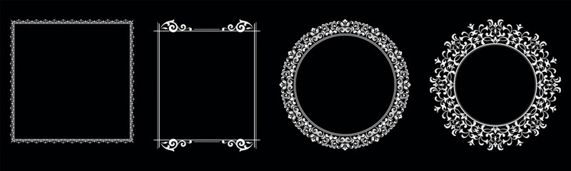 Set of decorative frames Elegant vector element for design in Eastern style, place for text. Floral black and white borders. Lace illustration for invitations and greeting cards.