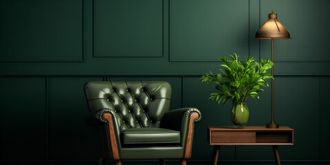 Living room with green armchair on empty dark green wall background,Living room with green armchair on empty dark green wall,Interior living room with chair and decorations Scandinavian design