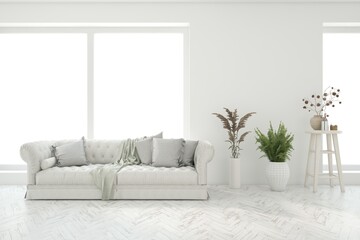 White scandinavian interior design with sofa. 3D illustration