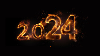 Happy New Year,2024, banner in a night party atmosphere with fireworks.